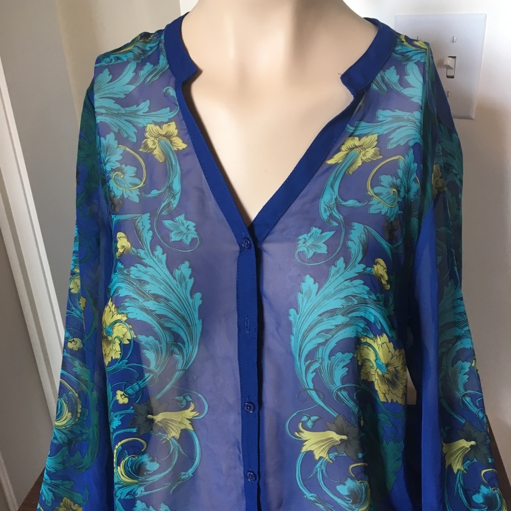 Elle See Through Vneck Button Down LS Blouse